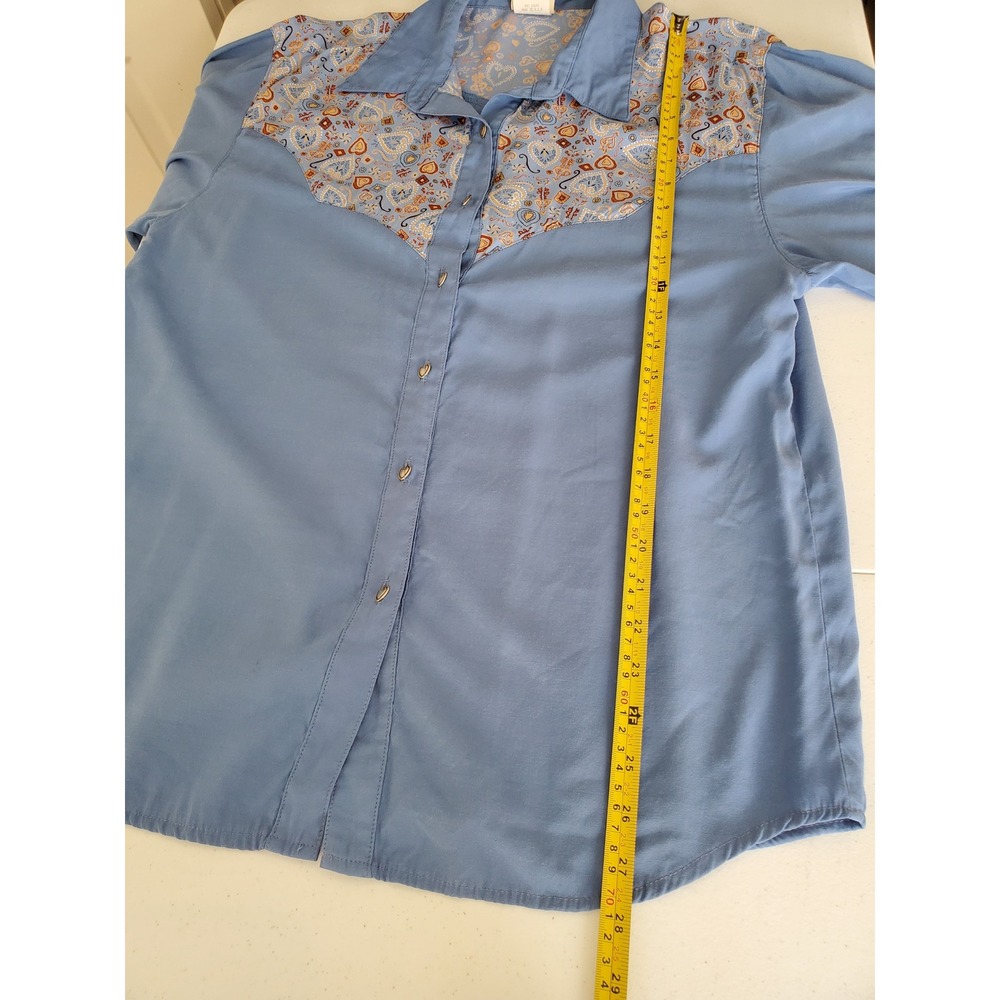VTG Desert West by Sherry Holt Western Top‎ L Blue Cowgirl Silver Heart Buttons - Picture 9 of 10